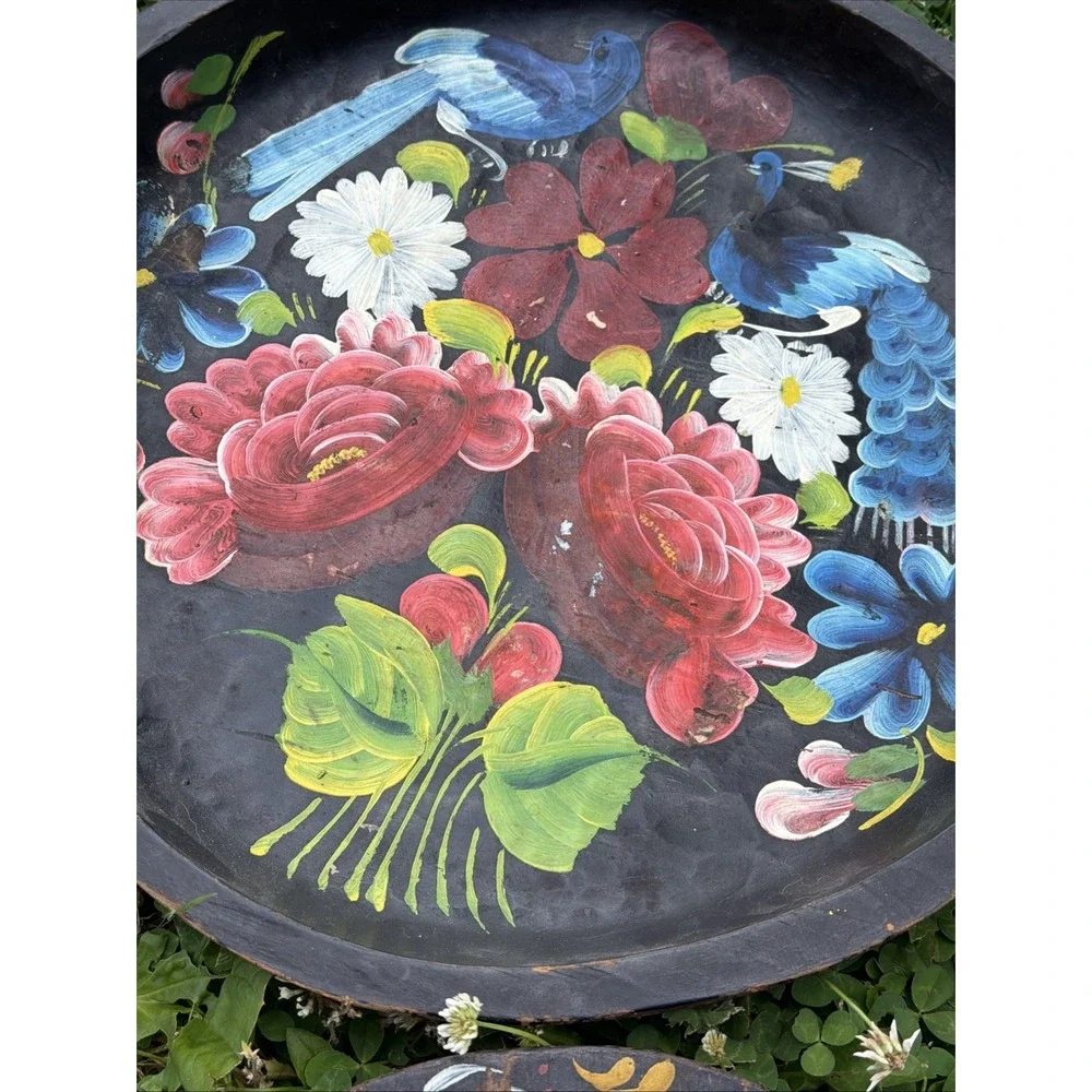 Vintage Mexican Hand-Painted Wooden Batea Bowl • Set Of 4 Peacocks Flowers - Picture 2 of 11
